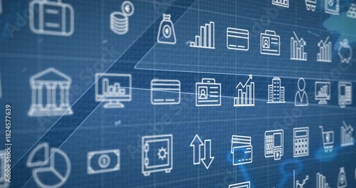 Camera panning causing lateral pan, line icons shifting focus to central finance band on blueprint