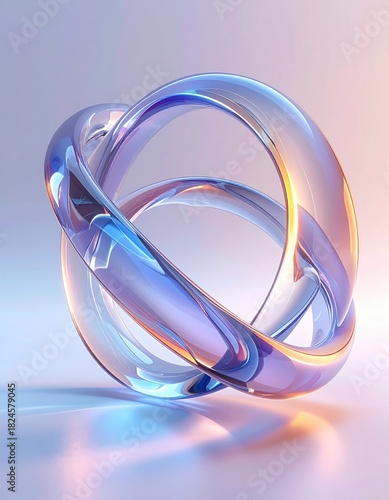 Glossy, interwoven, transparent abstract forms, soft lighting, and gradients