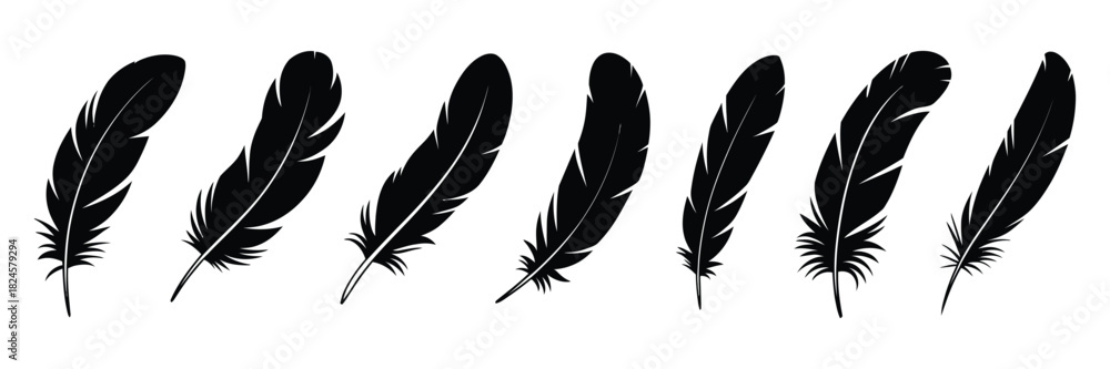 Fototapeta premium Set of bird feather icons featuring black quill, pen symbol, plumelets, flat style vector design, isolated on white background, perfect for creative projects, print, web and stationery.