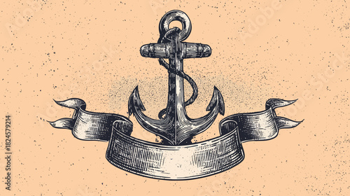 Classic Hand Drawn Anchor Illustration with Decorative Banners. Vintage Engraving Style Nautical Symbol on Textured Background.
