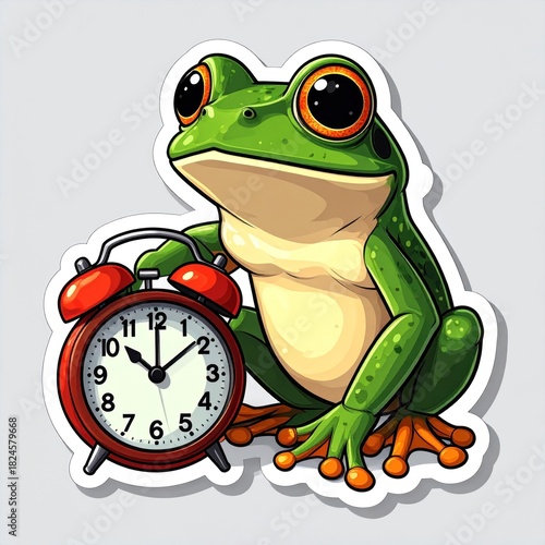 Animated green frog beside a red alarm clock, on a light gray sticker