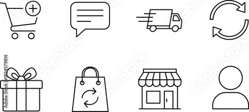 Ecommerce icon set, online shopping symbols, customer review, fast delivery, gift box, storefront, user profile, return exchange