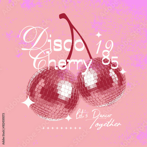 cherry-with-disco-ball-vintage-retro-fashion-graphics, Romantic pink heart-themed greeting card design with decorative floral elements