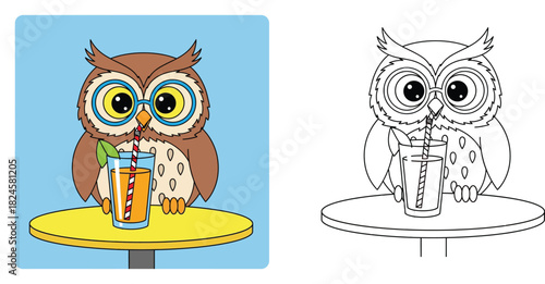 Cute Cartoon Owl Wearing Glasses Drinking Orange Juice. Happy Bird Character Sitting at Table with Summer Drink for Kids Design Vector Illustration.