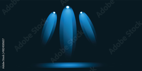 Blue spotlight with smoke volume light effect on black background. Stadium cloudiness projector.
