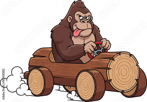 Cartoon gorilla driving wooden log car, funny ape racer vector, wild monkey speed vehicle illustration, fast jungle animal art.