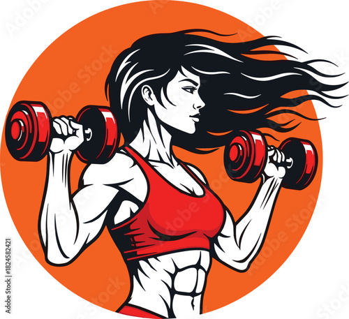 Strong fitness woman lifting red dumbbells, muscular female bodybuilder vector illustration, gym workout mascot logo, sport training art isolated.
