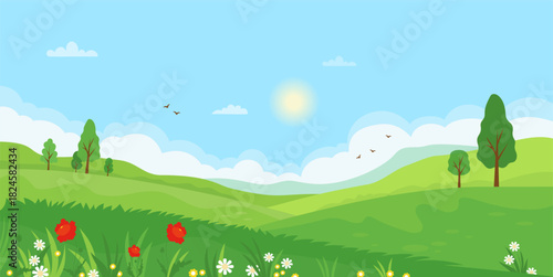 Spring landscape with green tree, grass and blooming Wild flowers Red Poppy and White Chamomile. Sunny Seasonal Nature poster. Springtime flat horizontal background. Vector illustration. Not AI