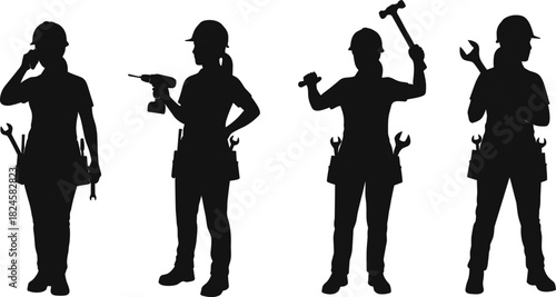 Construction worker silhouettes, tool belt, mechanic poses, skilled trades, black shapes, hand tools, industrial workers, repair crew, labor force, teamwork
