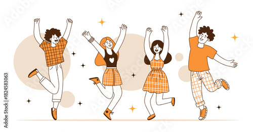 Happy Jumping People. Holiday and Party Youth. Isolated Joyful Girls and Guys in Dance. Color hand drawing Doodle. Vector Illustration. Not AI