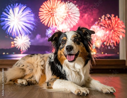 A happy dog lays in front of a colorful firework display backdrop