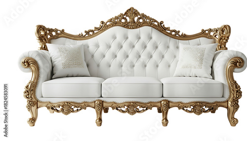 Sofa with ornate gold carved frame and white tufted upholstery