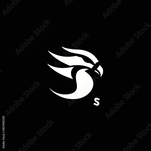 Modern abstract white bird head logo with initial 'S' on black background, minimalist dynamic design, vector graphic icon
