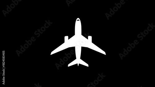 White airplane silhouette on black background, top view. Generic aircraft icon for travel, aviation, and flight concepts.