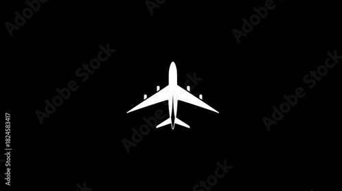 White silhouette of a commercial passenger airplane on a black background, top view, minimalist aircraft icon for travel.