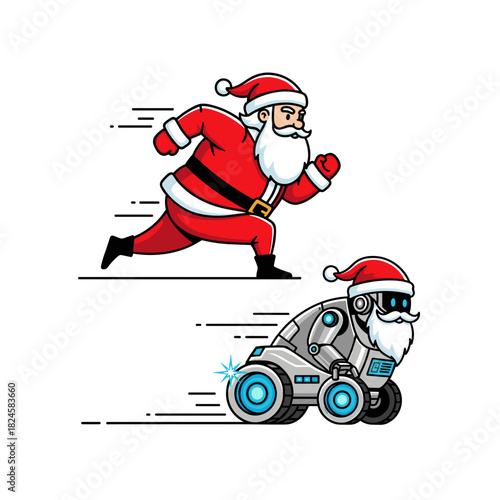 running santa claus competing with a fast robotic santa for christmas holiday greeting cards, future of retail blogs, and technological innovation in logistics advertising