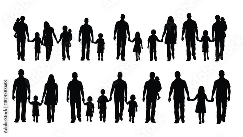 Diverse family silhouettes walking isolated on white background, Vector