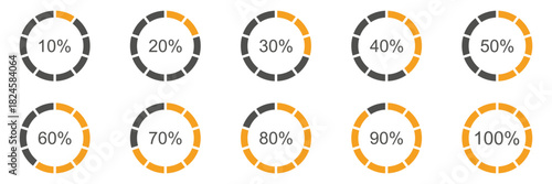 Percentage infographics elements. Set of round diagrams icons for infographics from 10 to 100 percent. Pizza, pie charts indicator templates. Circle graph loading progress. Progress bar.