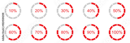 Percentage infographics elements. Set of round diagrams icons for infographics from 10 to 100 percent. Pizza, pie charts indicator templates. Circle graph loading progress. Progress bar.