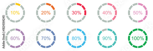 Percentage infographics elements. Set of round diagrams icons for infographics from 10 to 100 percent. Pizza, pie charts indicator templates. Circle graph loading progress. Progress bar.