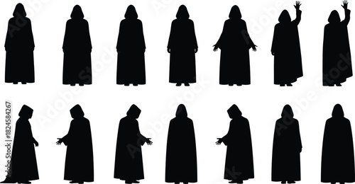 Hooded figure silhouettes, robe character icons, dark mysterious poses, black graphic elements, fantasy design, shadow illustration, cloaked person vector