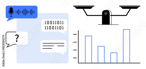 Voice message, binary code, text bubbles, scales as balance metaphor, and bar chart combine to represent analytics, AI, balance, and decision-making. Ideal for AI technology justice research