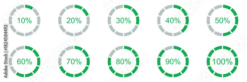 Percentage infographics elements. Set of round diagrams icons for infographics from 10 to 100 percent. Pizza, pie charts indicator templates. Circle graph loading progress. Progress bar.