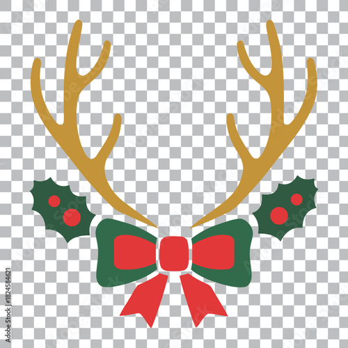 Christmas reindeer antlers with holly and festive bow transparent background.
