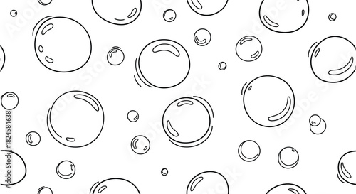 A black and white sketch of an assortment of various sized bubbles floating against a white background.