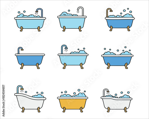 Collection of colorful bathtubs with soapy bubbles for a clean design