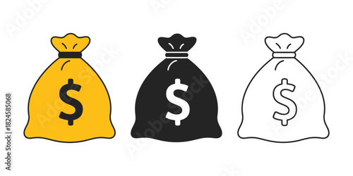 Set of money bag icons in line style, including black and white sack, flat money bag vector illustration, finance, savings, wealth, business, and economic concepts