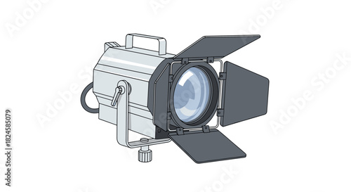 A realistic illustration of a professional stage spotlight with adjustable barn doors and a mounting yoke.