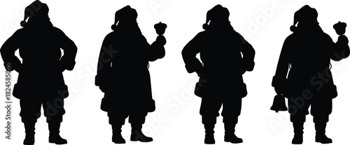 Santa Claus silhouette collection, Christmas character icon, festive holiday figure, black vector clipart, traditional costume pose, bell holding design