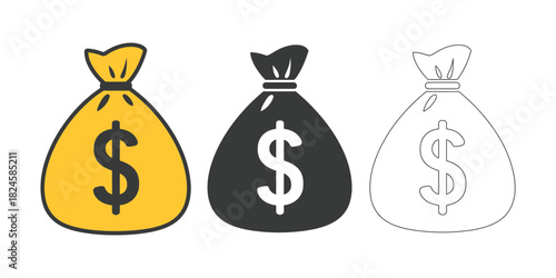 Set of money bag icons in line style, including black and white sack, flat money bag vector illustration, finance, savings, wealth, business, and economic concepts