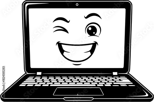 Cartoon laptop with a winking face and a smiling mouth isolated on a white background illustration
