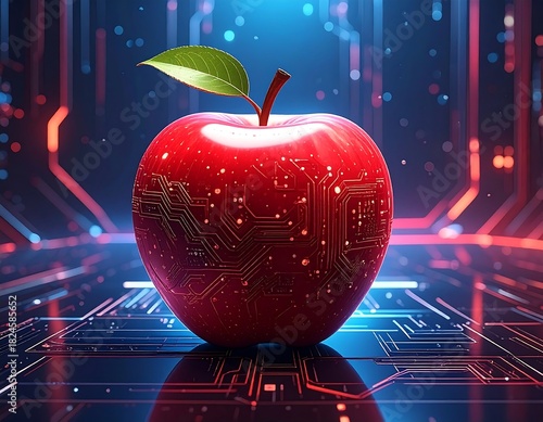 A red apple with a digital circuit design glows on a dark background