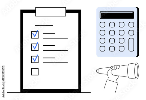 Checklist with checkmarks, calculator for financial calculations, and telescope symbolizing vision. Ideal for planning, strategy, analysis, organization, productivity finance and goal setting. A