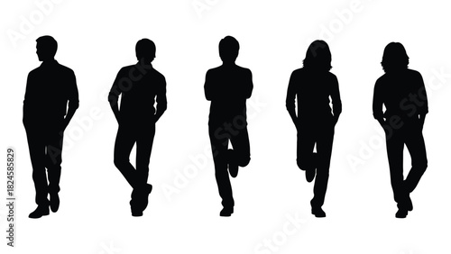 Five standing people silhouettes isolated on white background, Vector
