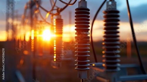High voltage power substation at golden hour sunset