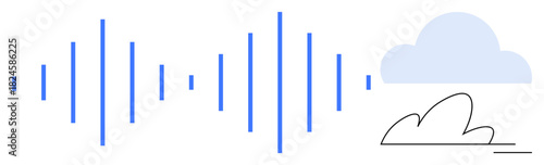 Vertical soundwaves transform into a light cloud sketch, symbolizing data storage, sound technology, and digital communication. Ideal for audio storage, cloud computing, music, technology