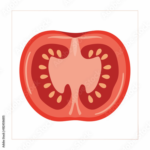 Freshly sliced tomato half showing seeds and inner flesh details.