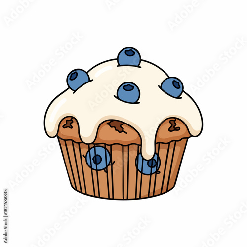 Delicious Blueberry Muffin with Creamy Frosting and Fresh Blueberries.