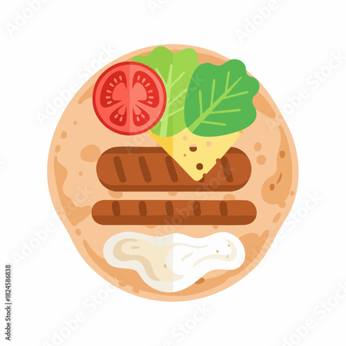 Delicious grilled sausage wrap with fresh vegetables and creamy sauce.