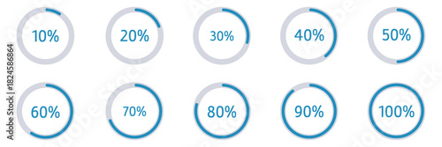 Percentage circle set. Loading indicator set. Circle loading or circle progress with percentage collection.  Set of circle percentage diagrams for infographics 10 20 30 40 50 60 70 80 90 100 percent. 