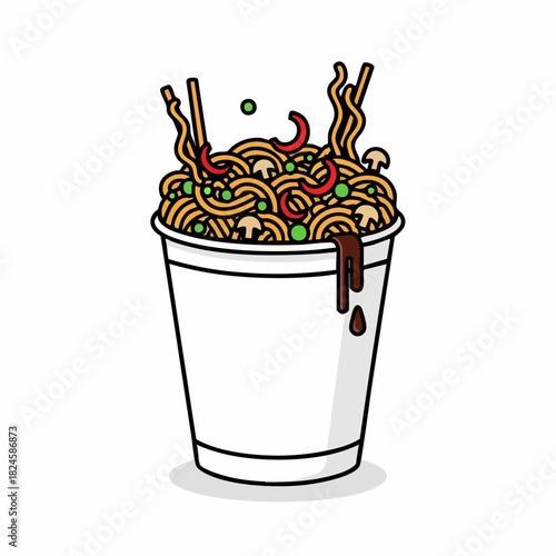 Vibrant illustration of a hot cup of ramen noodles with vegetables and chopsticks.