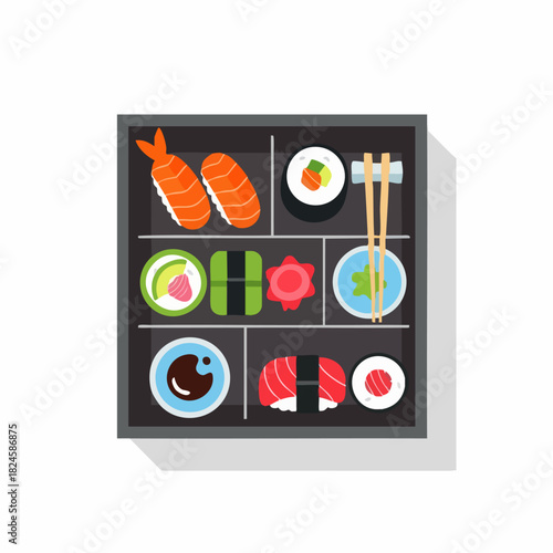 Sushi Bento Box with Assorted Rolls and Condiments Flat Lay.