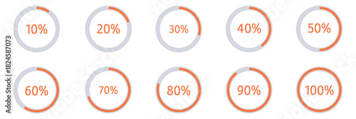 Percentage circle set. Loading indicator set. Circle loading or circle progress with percentage collection.  Set of circle percentage diagrams for infographics 10 20 30 40 50 60 70 80 90 100 percent. 