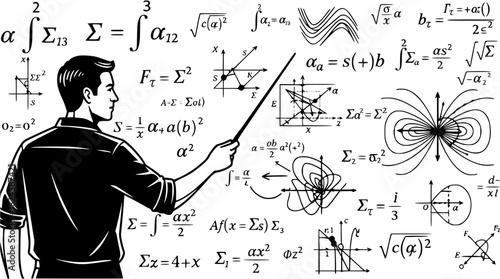 A man pointing at a whiteboard filled with mathematical equations and diagrams in black and white style
