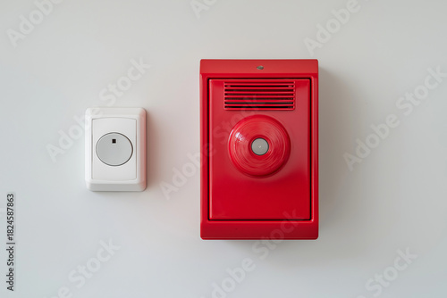 Bright red fire alarm pull station mounted on wall, featuring round bell and white control panel nearby. This conveys safety and emergency preparedness in modern setting