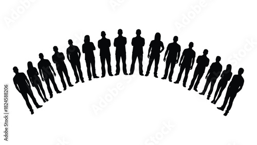 Diverse group silhouettes in semi-circular formation isolated on white background, Vector
